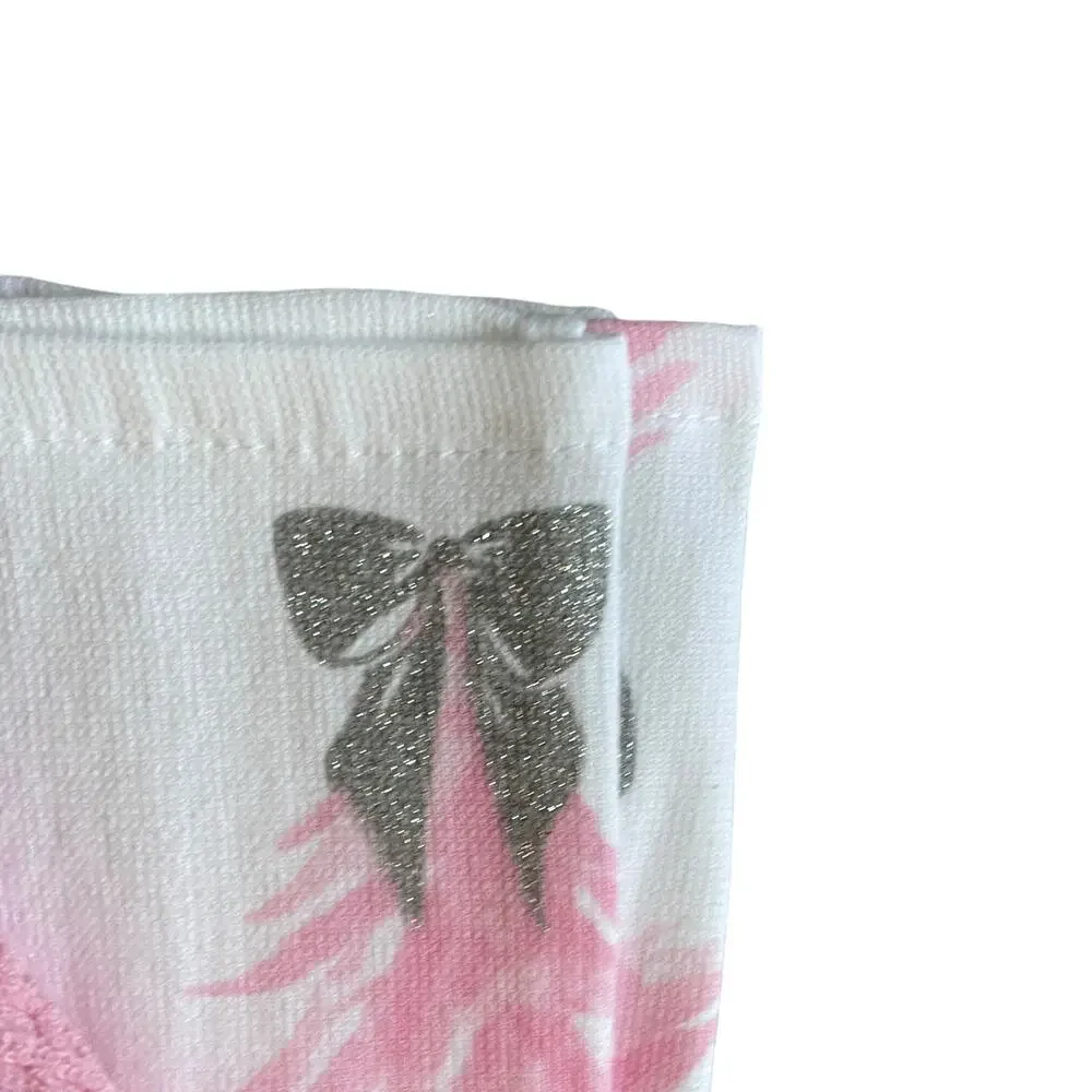 Pink Christmas Tree Kitchen Towels w/ Silver Glitter Bow Set of 4 Holiday GLA6